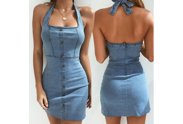 Women Sexy Low Cut Bodycon Denim Midi Dress Daily Casual Dress | Wish