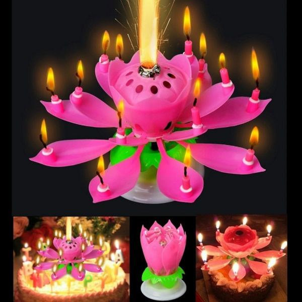 Pink Baoer Birthday Candles，Double Layers Lotus Musical Happy Birthday Candles Romantic Flower Light Cake Kids Party Gifts Wedding Anniversary Celebration Supplies