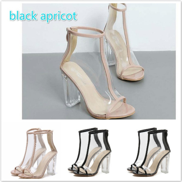 Women PVC Clear Heel Transparent Boots Peep Toe Ankle Boots Bootie High Top Perspex Lucite Summer Shoes Sandals Block Heel Pumps