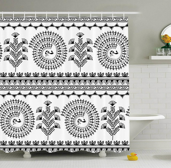 Traditional House Decor Shower Curtain, Indian Print Cotton Shower Curtain