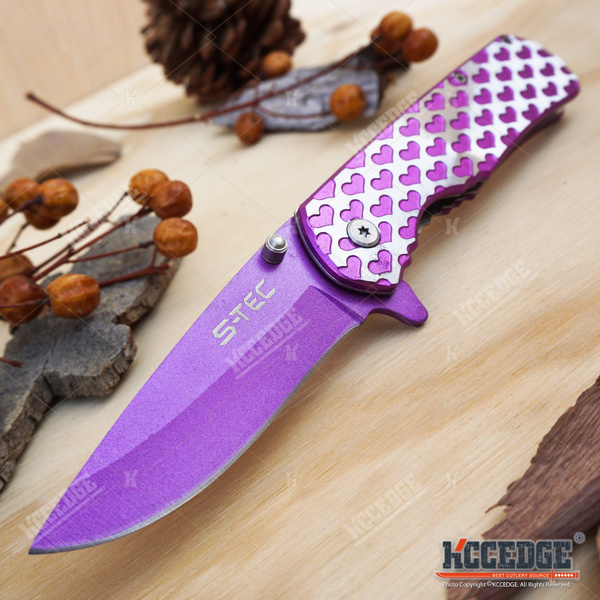 USA SELLER USA STOCK 8 S-TEC TREKKING HIKING Heart Engraved Assisted Open Folding  PURPLE Pocket Knife EDC RAZOR BLADE