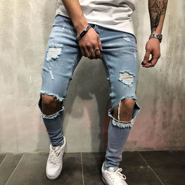 New Fashion Men's Vintage Jeans Ripped Jeans Streetwear Faded Blown Out Knee Skinny Fit Casual Street Fashion Pencil Pants | Wish