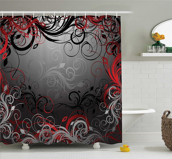 Red and Black Shower Curtain, Mystic Magical Forest Inspired Floral