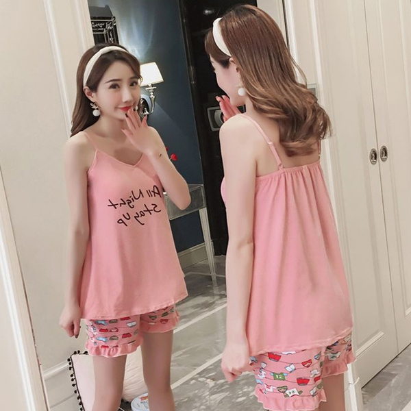 Summer Cute Women Strappy Sleepwear Pajamas Set Kawaii Nightwear