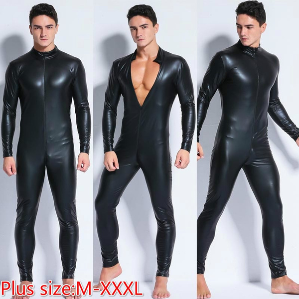 Men's Sexy Latex Catsuit Black Wetlook Full Body Suits Front Zipper ...