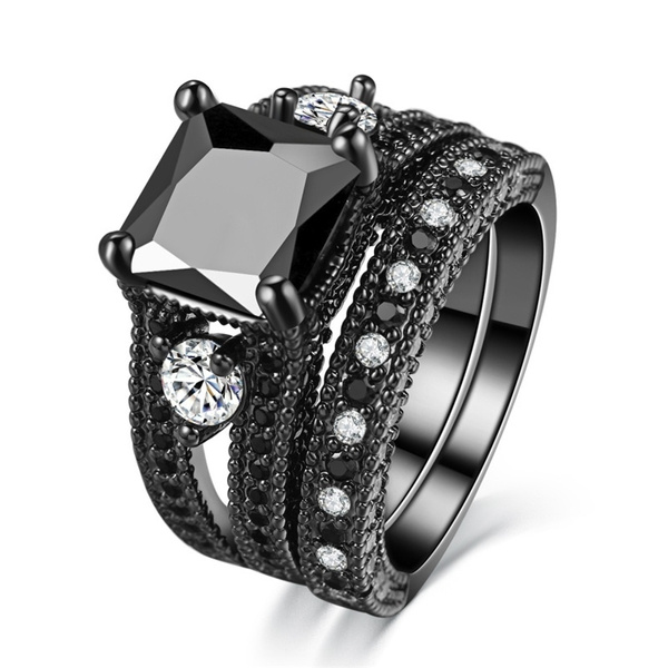 princess cut black diamond wedding ring set