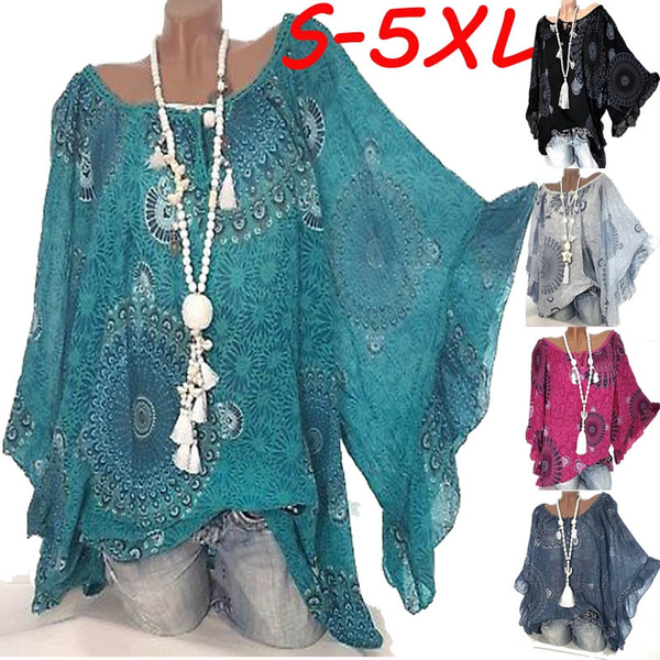 New Women's Fashion Floral Print Lace Trim 3/4 Batwing Sleeve Blouse ...