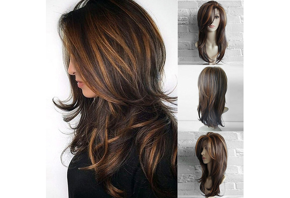 Long Side Bang Layered Natural Straight Colormix Synthetic Wig