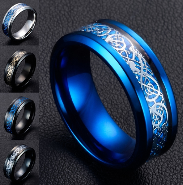 Fashion Tungsten Carbide Ring Black Celtic Dragon Blue carbon fibre ...