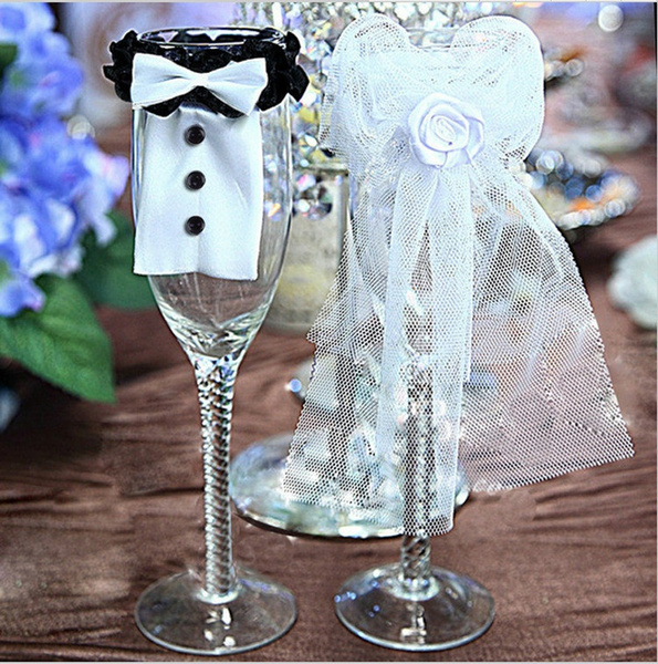 Bride and Groom Wedding Party Wine Glasses Champagne Flutes Cover WT 