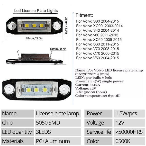 2Pcs Canbus LED license plate Light for Volvo S80 XC90 S40 V60