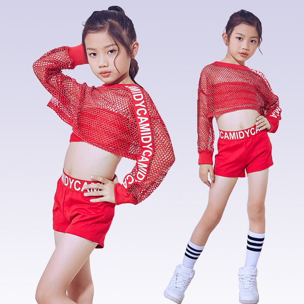 3 pcs girls red hip hop mesh crop top jazz dance costume stage