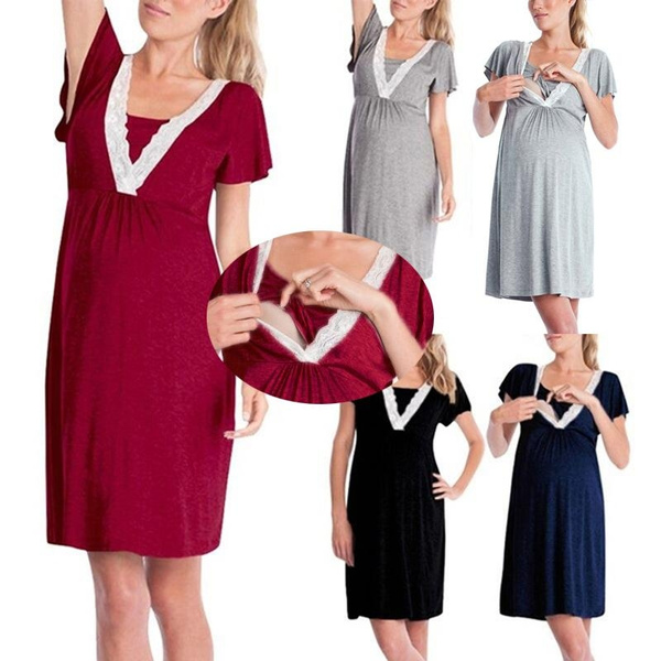 Women's Summer Pregnancy Nursing Dress Short Sleeve Patchwork Casual Maternity Breastfeeding Dresses