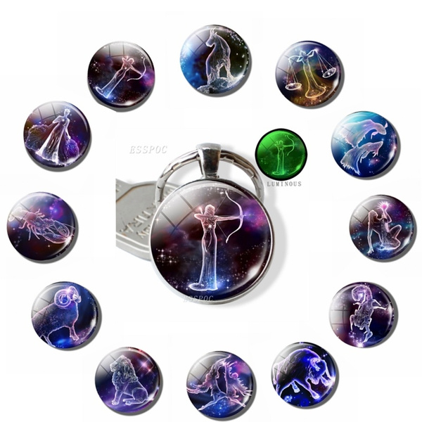 Luminous Zodiac Sign Lucky Key Chains Glass Cabochon Glow In The Dark
