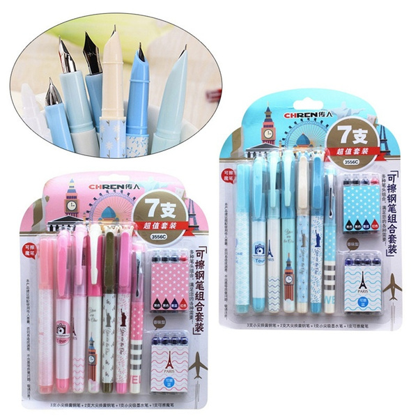 7PCS /set Students Calligraphy Color Ink Fountain Pen Set Can Be