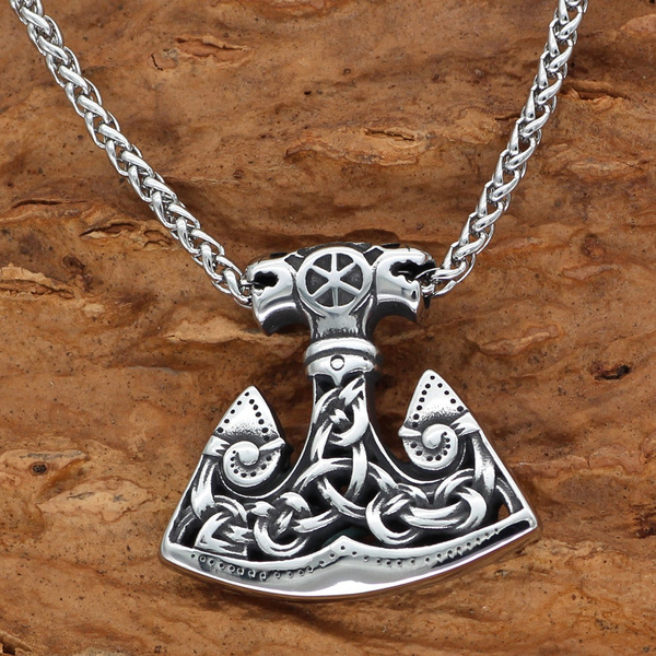 Men norse viking wolf stainless steel thor hammer axe Talisman  pendant necklace 