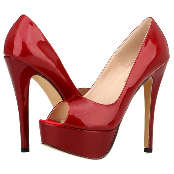 Plus Size Peep Toe Platform Women Pumps 14cm Sexy Patent Leather High Heels Shoes Red Wedding 5518