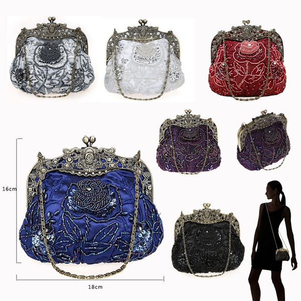 Vintage Evening Handbags Women's Bags Chain Purse Handmade Sequins Clutch Wallet