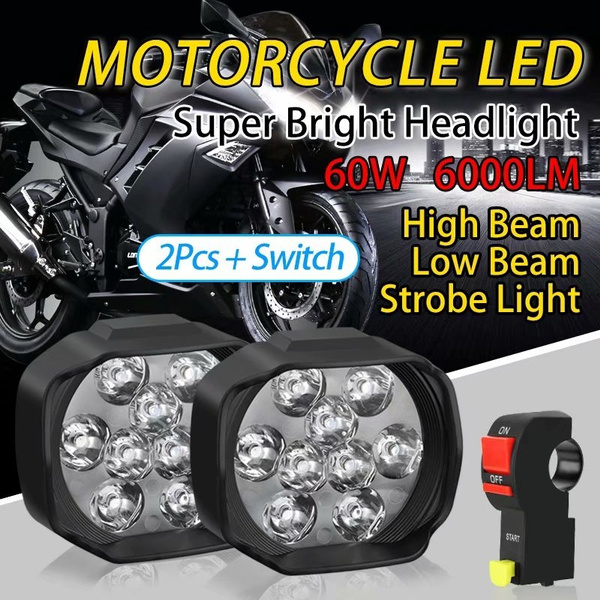 Pair 60W Motorcycle LED Headlights with Switch Motor Spot Light with 6 Lamp Bead