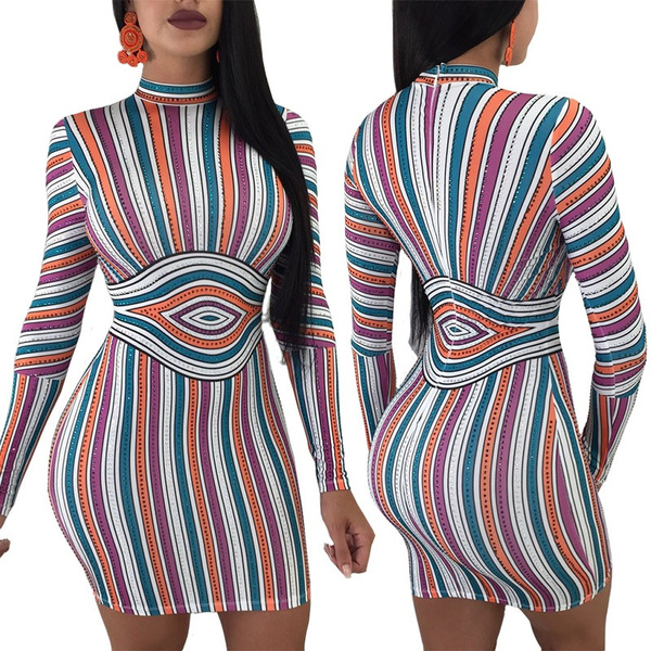 Hay una tendencia muñeca explosión Geometric Rainbow Stripe Print Long Sleeve Bodycon Dress 2018 Autumn Winter  Dresses Women Sexy Club Dress Vestido | Wish