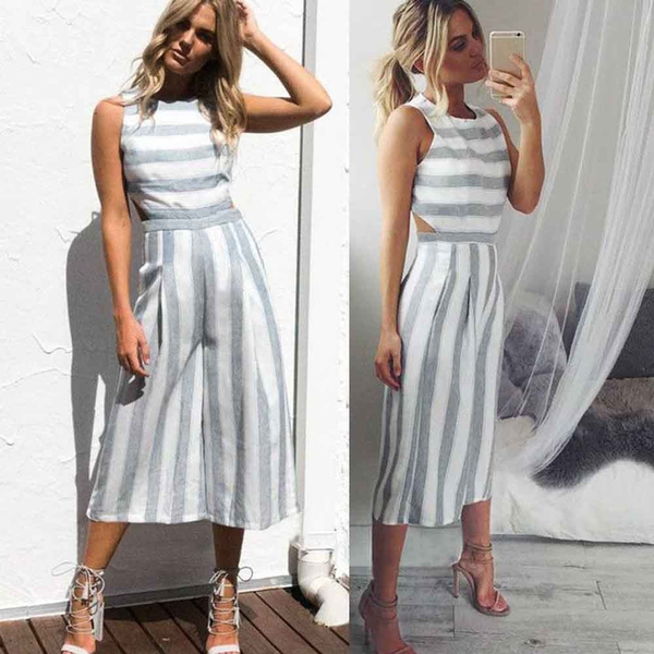 Women Sleeveless Striped Jumpsuit Casual Clubwear Wide Leg Pants Outfit Mono  de rayas sin mangas para mujer Casual Clubwear Pantalón de pierna ancha  Outfit | Wish