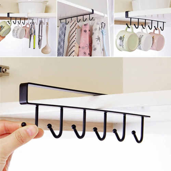 6 Hook Cup Holder Hang Kitchen Cabinet Under Shelf Storage Rack Organizer Tool