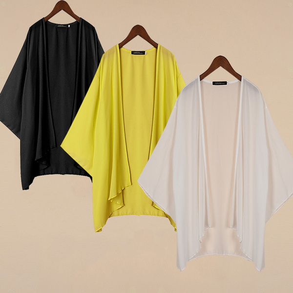 Fremtrædende Vægt Legeme Yellow/White/Black ZANZEA Women Summer Short Sleeve Chiffon Kimono Tops  Cardigan Open Front Coat Jacket Cape | Wish