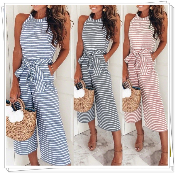 Summer Women Romper Jumpsuit Casual Loose Stripes Wide Leg Strappy ...