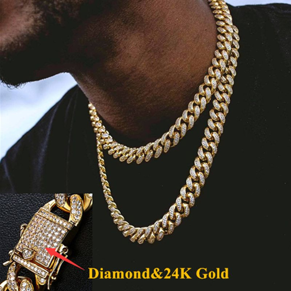 2018 Cool Mænd 24K Guld Titanium Stålkæde Smykker Belagt Fuld Diamant Miami Cubansk Link Mænd Punk Iced Out Chains | Wish