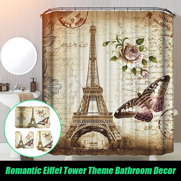 Paris Eiffel Tower Shower Curtain Bath Mat Toilet Cover Rug Bathroom Decor