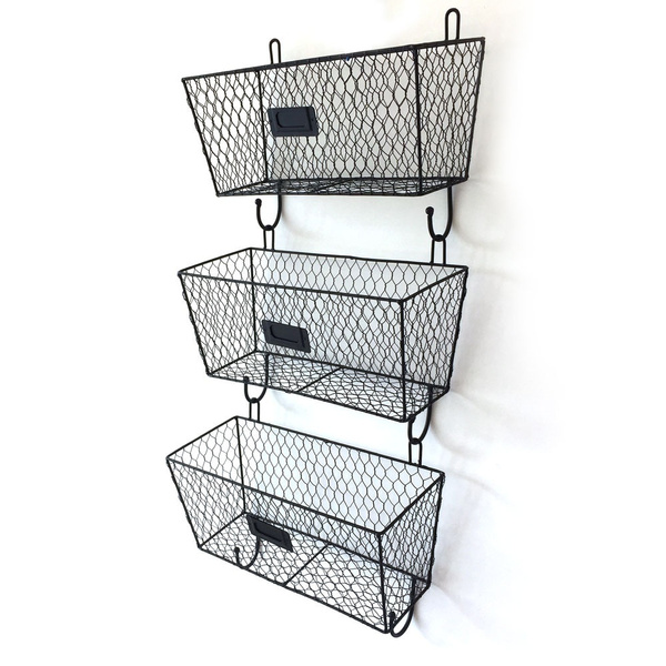 White Wall File Holder Superbpag Hanging Mail Sorter Organizer 3-Tier Metal Chicken Wire Wall Mount Magazine Literature Rack with Key Holder