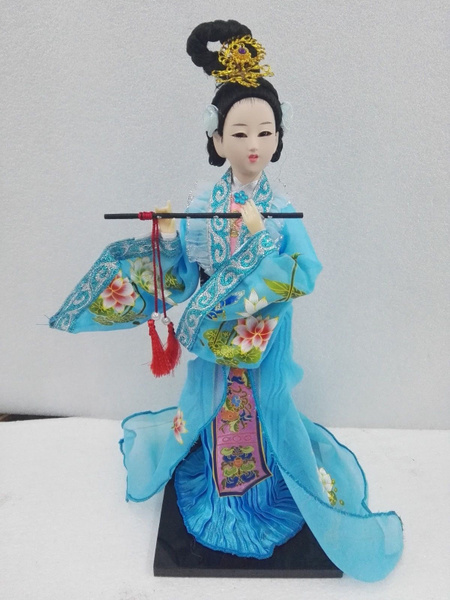 Oriental Broider Doll,Chinese Old style figurine China doll girl statue blue 