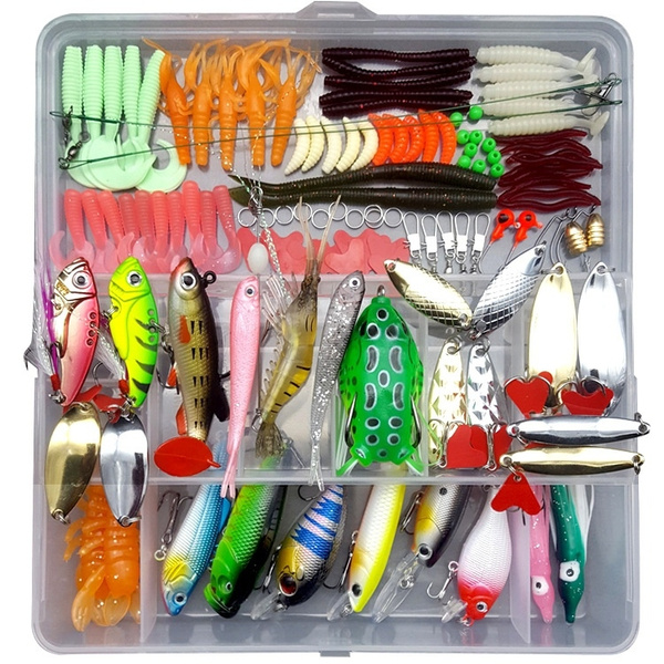100 Fishing Lures Spinners Plugs Spoons Soft Bait Pike Trout Salmon+Box Set