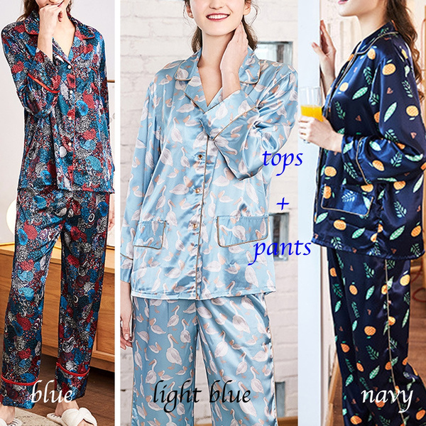 Women Home Pajamas New Faux Silk Ladies Brand Pajamas Pants Set Woman  Sleeping Clothing 2 pcs Suit