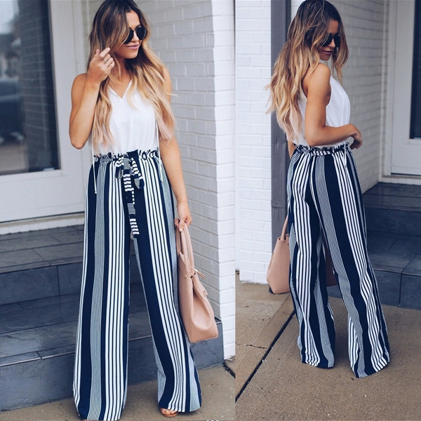 Moda Mujer Ropa de mujer Pantalones de mujer Pantalones con cordón  Pantalones casuales Cinturón de cintura alta Papel a rayas Bolsa de papel Pantalones  Pantalones anchos de cigarrillo | Wish
