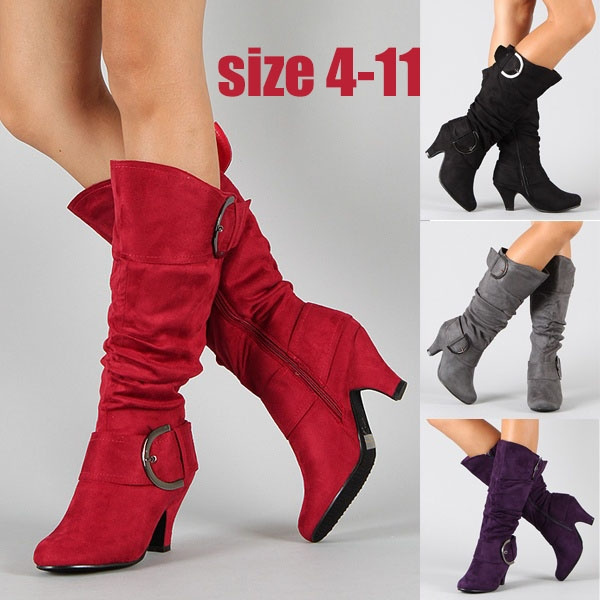 suede low heel knee high boots