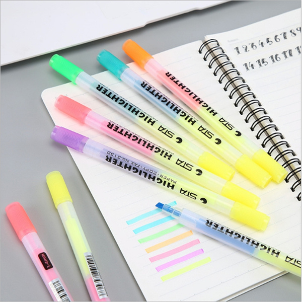6 Color Cute Stationery Two-Head Two Way Cute Highlighter Pen Marker Pens  Set Kids Gift