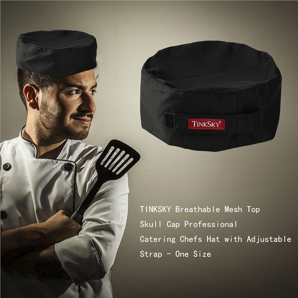 TINKSKY Skull Cap Mesh Top Chefs Hat Black with Adjustable Strap 