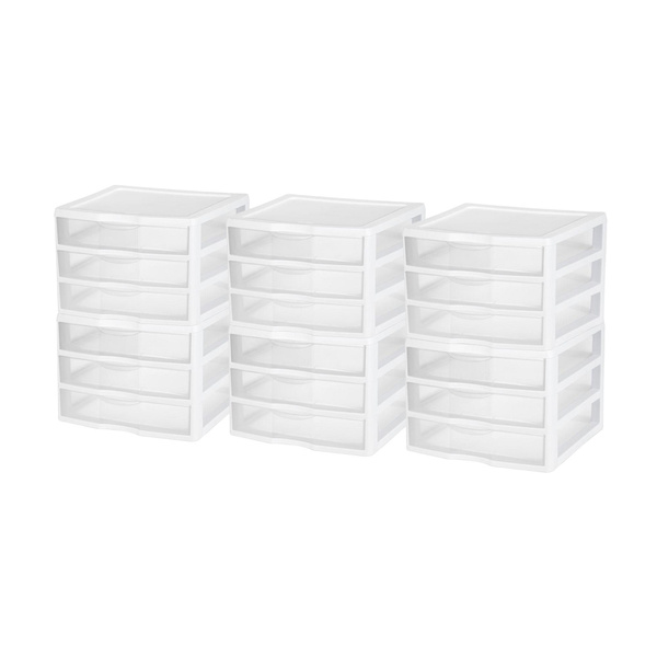 Sterilite Clear Plastic Stackable Small 3 Drawer Storage System, White