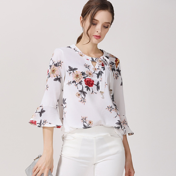 2018 Fashion Printed Chiffon Women Blouses Floral Shirt Flare Sleeve Summer  Ladies Tops Feminine Blouses Blusas