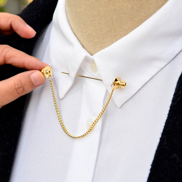 Men Silver Gold Shirt Collar Clip Bar Lapel Pin Chain Tie Brooch ...