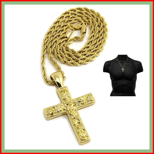 Mens 14K Gold Plated Nugget Cross 