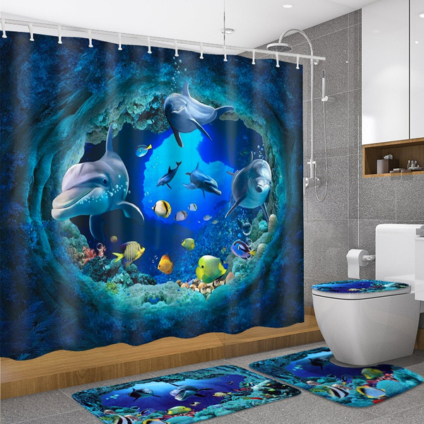 Blue Ocean Dolphin Waterproof Bathroom Shower Curtain Toilet Cover Non-Slip Mat 