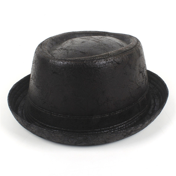 Vintage Leather pork pie Fedora Hat Men 