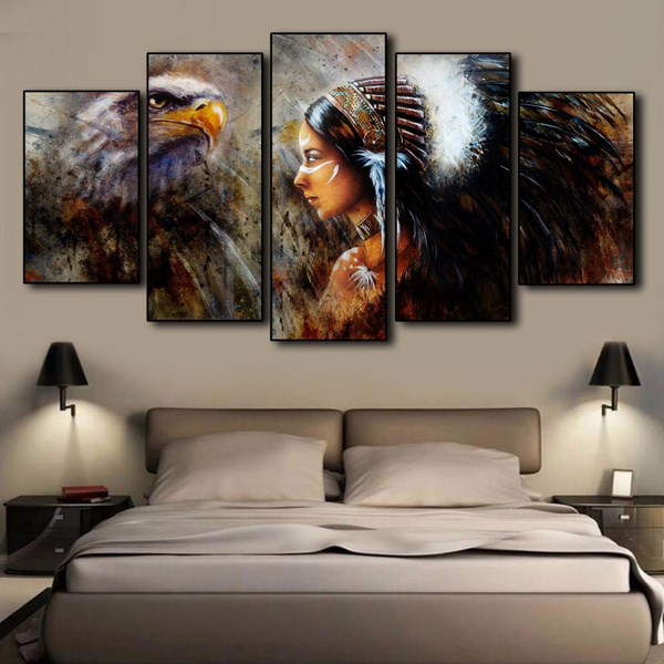 Abstract Portrait Figure Painting Hd Print Poster 5 Piece Canvas Art Native American Warrior Indian Girl With Eagle America Hawk Wall Pictures For Living Room Decor Wish - Native American Wall Decor Ideas