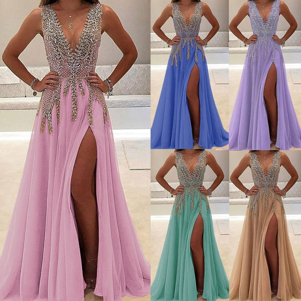 sexy sleeveless deep v sequined evening dress