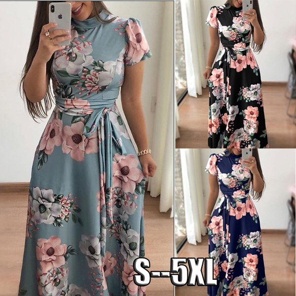 Large Size XXXXXL US Women Floral Print Short Sleeve Beach Lady Evening  Party Long Maxi Dress Fashion Design