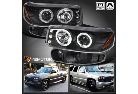 Projector Black Headlights + Bumper Lamps – 2000-2006 GMC Yukon Denali, Halo Style