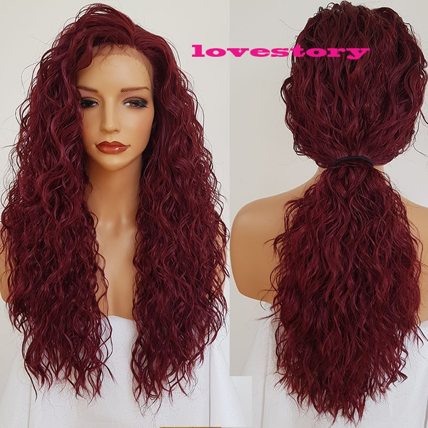 Lovestory Burgundy Color Water Wave Synthetic Lace Front Wig Glueless ...