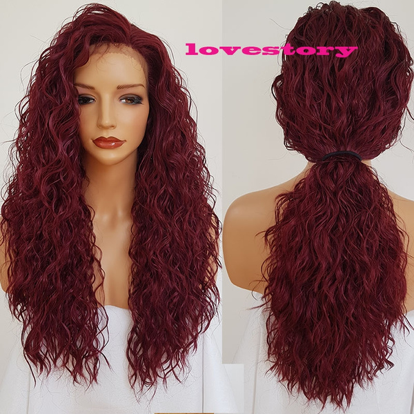 Lovestory Burgundy Color Water Wave Synthetic Lace Front Wig Glueless